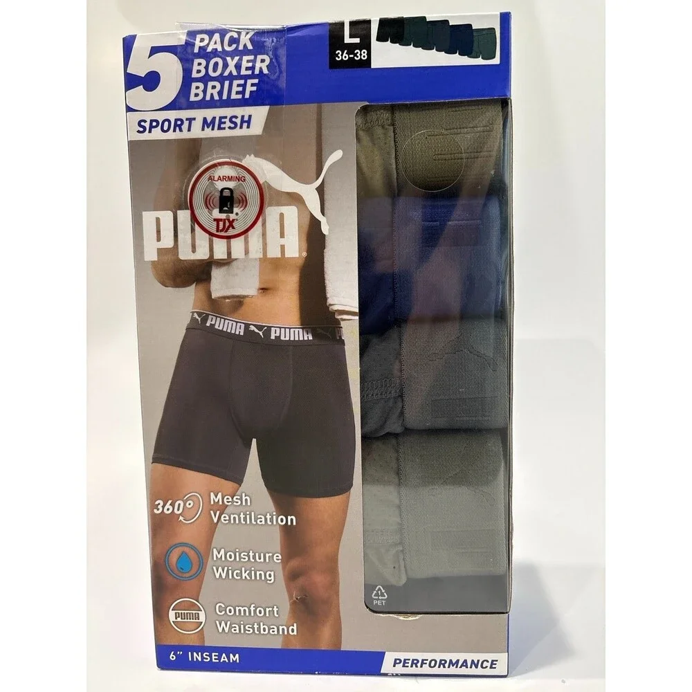 Puma 5 Pack Sport Mesh Boxer Brief Performance Moisture Wicking L